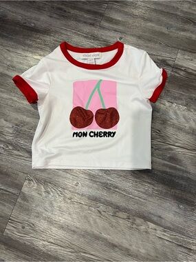 Violet & Claire White Tee with Red Trim and Glitter Cherry Graphic